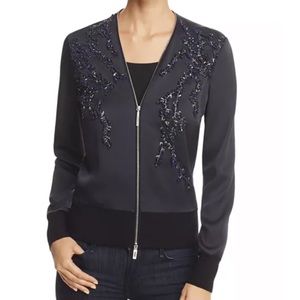 ELIE TAHARI PREEYA EMBELLISHED MIXED-MEDIA JACKET IN NAVY SIZE SMALL NWT